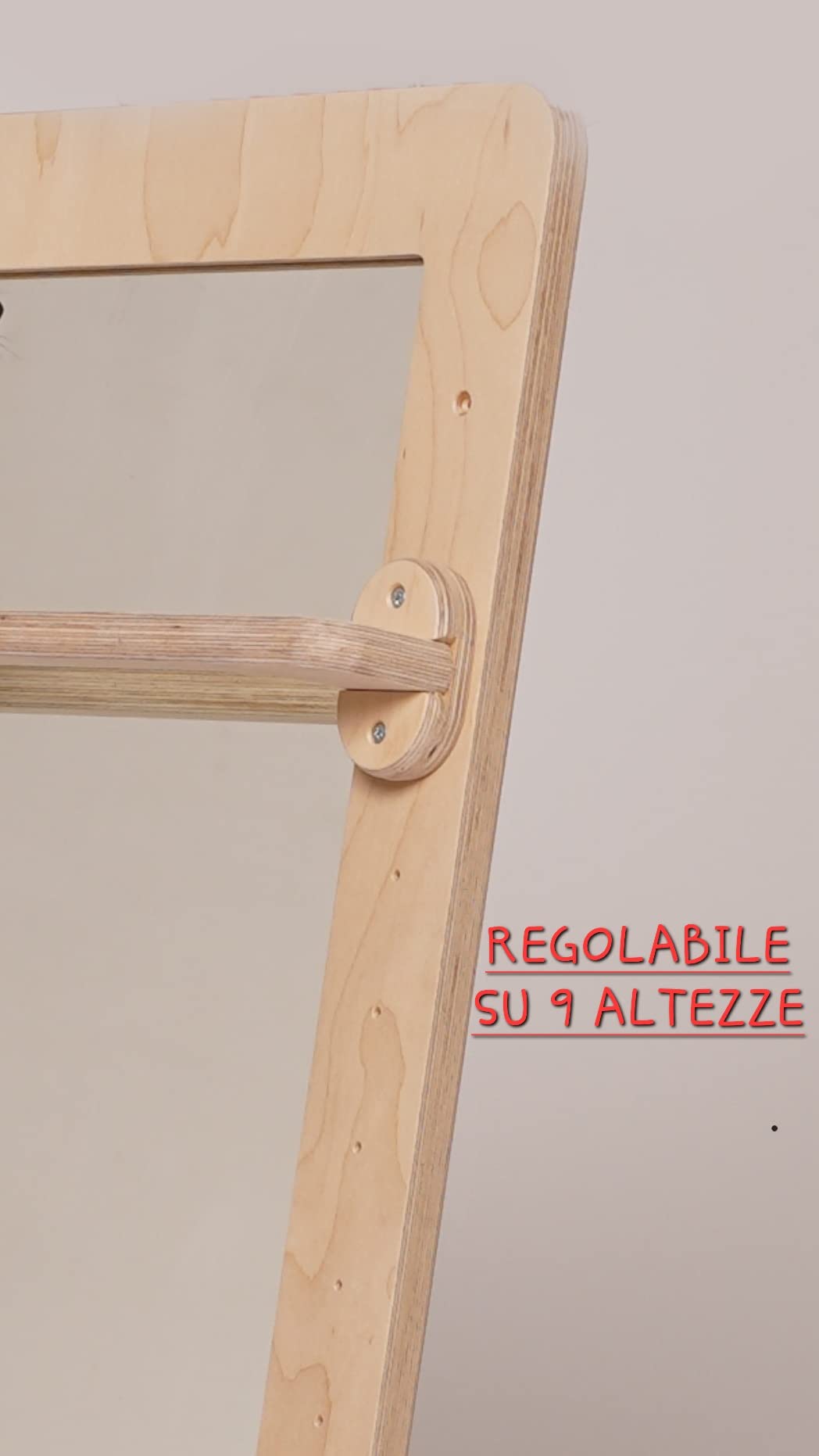 Specchio con Asta di Supporto Montessori (H80xL60CM, Legno Naturale)