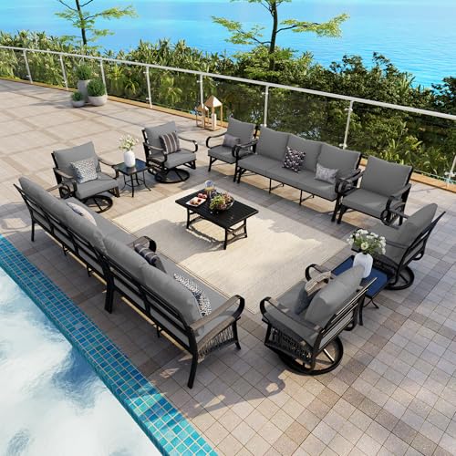 Image of 12 Pieces Patio Conversation Sets, All-Weather Metal Swivel Rocking Chairs with Rope Furniture Set, Outdoor Sofa Couch for Deck, Porch, Garden, Backyard, Poolside (Gray Cushions)