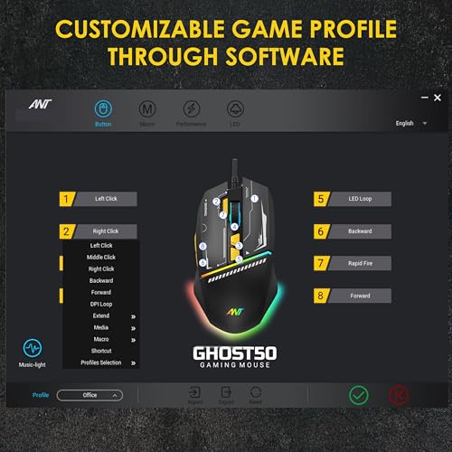 Image of Ant Ghost 50 RGB Gaming Mouse with12800 DPI Wired Optical Gamer Mouse with 8 Programmable Buttons & Software Support DIY Key Binding Fast Fire Button 1KHz Polling Rate - Black