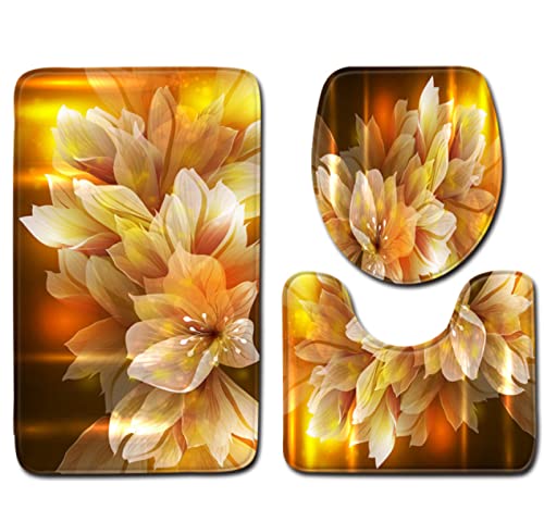 3 Teilig Badematte Set goldene Blume 3D Badematten Set rutschfest, Badezimmerteppich,U-förmiger WC-Vorleger,WC…
