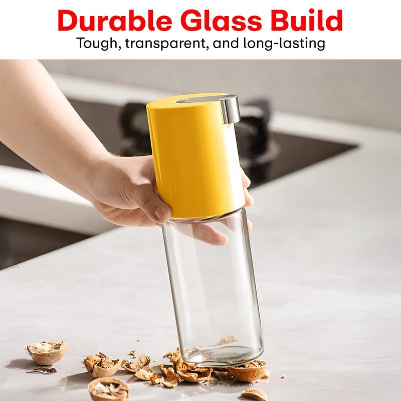 Image of PRIME PICK Smart Pour Glass Oil Dispenser Bottle Auto Flip Cap Stainless Steel No Drip Spout Leak Proof Kitchen Oil Vinegar Soy Sauce Storage Container Yellow 500 ml
