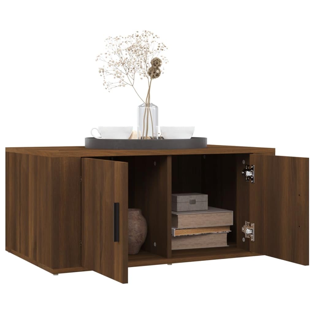 Tavolino da caffè marrone effetto rovere, 80 x 50 x 36 cm, in legno con vano portaoggetti, ripiano, cassetto e porta, per soggiorno, camera degli ospiti, ufficio, corridoio, reception