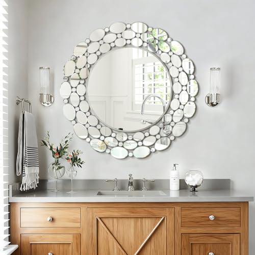 Image of 35 inch Large Round Wall Mirrors, Modern Silver Mirror for Wall Decor, Elegant Decorative Mirror for Entryway, Living Room, Bedroom, Bathroom, Dining Room