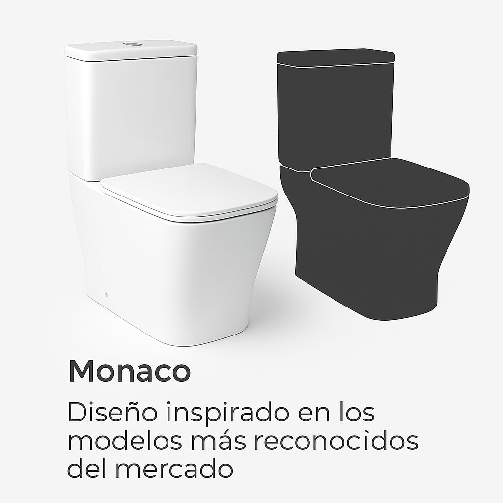 Novo bath - Inodoro Compacto Rimless Serie Mónaco – Estilo Tipo The Gap, Doble Descarga 3/6L, Salida Dual, Asiento UF Soft Close, Cisterna Incluida, Esmalte Antibacterias, Pegado a Pared