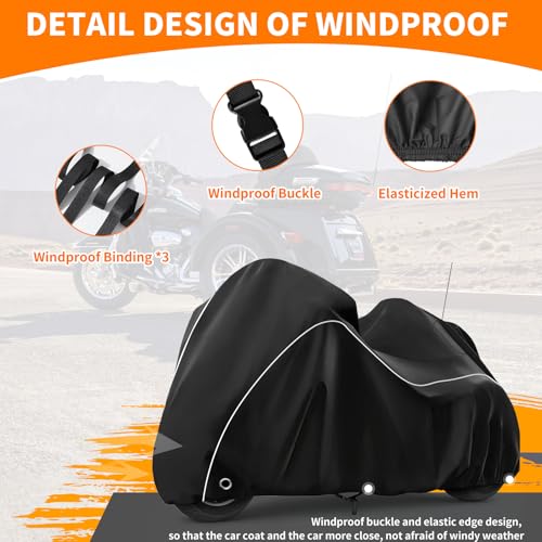 Image of COVERVIN Trike Cover Waterproof, Heavy Duty 3 Wheel Motorcycle Cover for Harley Honda Goldwing Freewheeler Tri Glide Ultra, with Antenna Zipper, Windproof Buckles & Reflective Strips (Black)