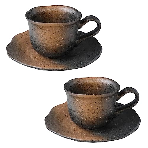 コーヒーカップ 黒備前風コーヒー碗皿 2個セット 容量140cc満水 美濃焼 碗:直径8.3cm 受皿:直径15.0cm 355g 食洗機 電子レンジ対応のサムネイル