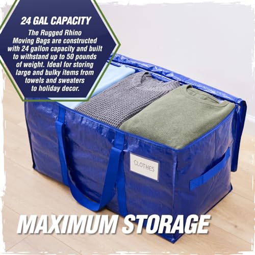 RUGGED RHINO Heavy Duty Extra Large Moving Bags, 50lb Capacity Tote, Durable Water and Puncture Resistant Winter Clothes Storage Totes for Moves, Strong Carry Handles, Zippers, 4 Pack Blue image 4