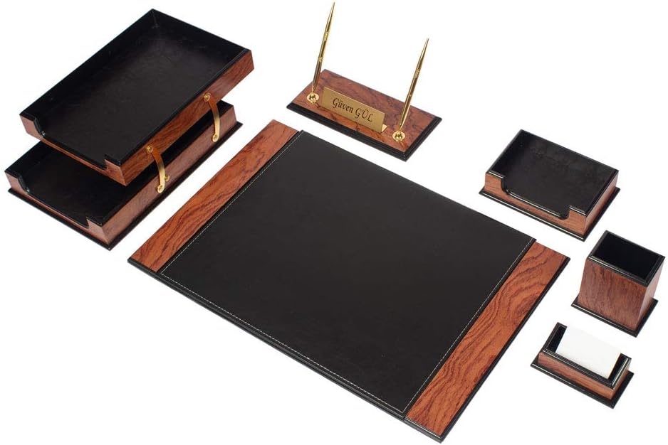 Luxury Leather Desk Set, Leather & Wood Desk Set, 8 Pcs, with Double Tray, Desk Organizer,Personalized Desk Mat, Leather Desk Set, Gift for Desk Set (Rose Black)