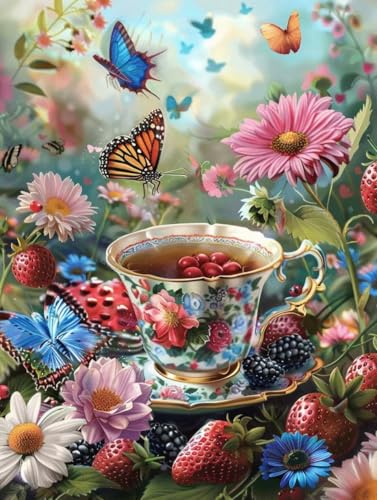 Peinture diamant tasse et papillons : kit de loisirs créatifs adultes 40x50cm