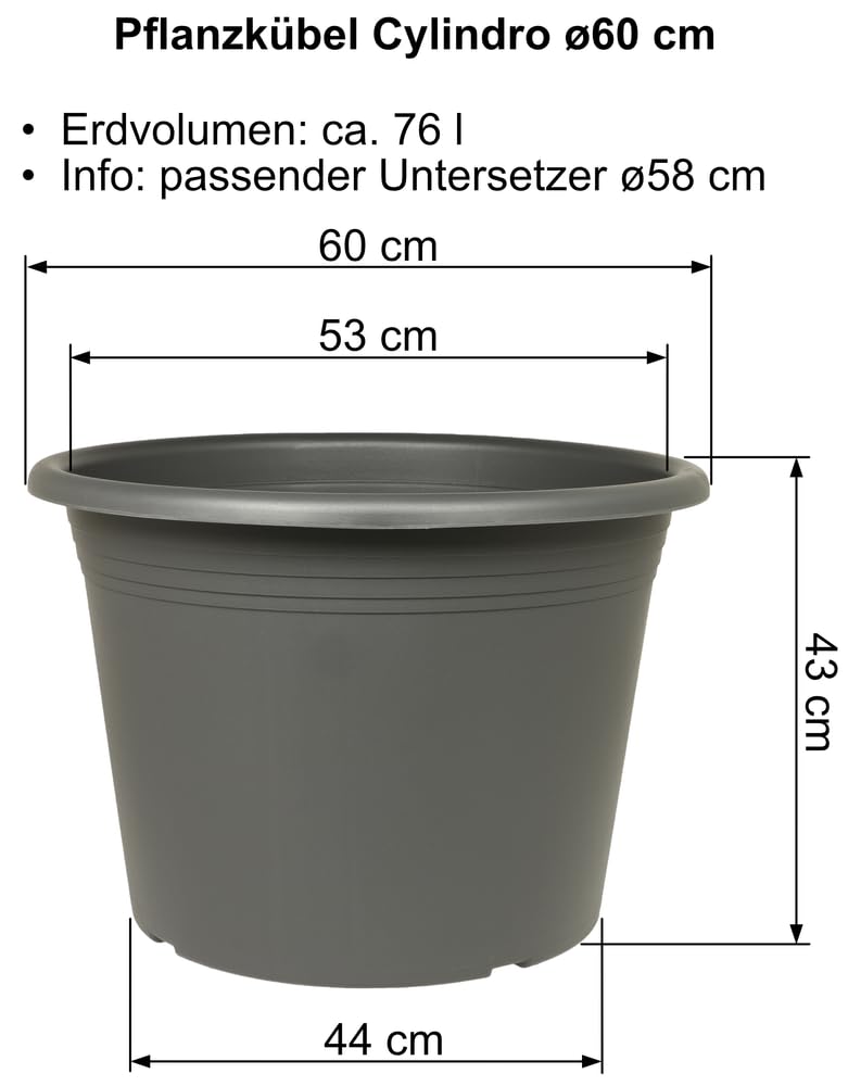 MePla 3 x Set Blumentopf Cylindro ø60cm + Untersetzer ø58cm Anthrazit, wetterfest aus UV-beständigem Kunststoff