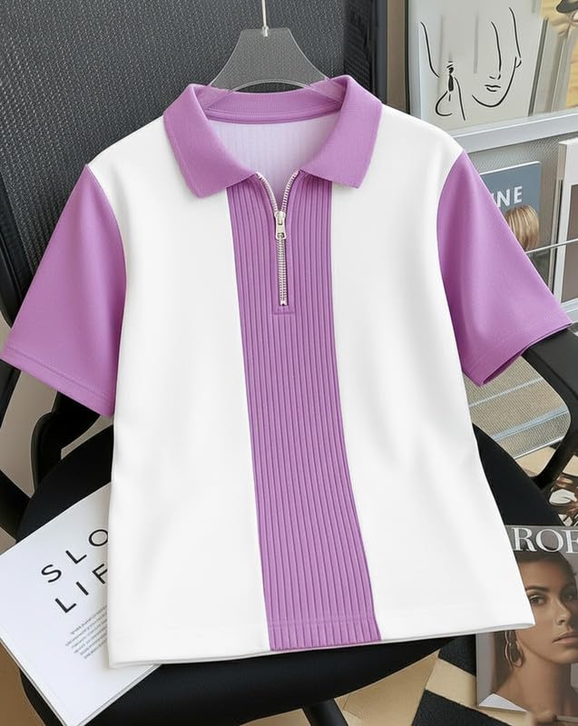 Image of AUSK Men's Textured Vertical Striped Knit Polo T-Shirt | Half Sleeve Zipper Neck Self-Design Casual Tee | Mens Tshirts