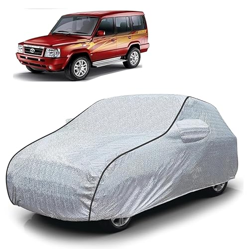 Image of Sulfar 100% Waterproof Car Body Cover Compatible with Mirror for Tata Sumo (Triple Stitched, Full Bottom Elastic, Magic Silver with Black Piping)