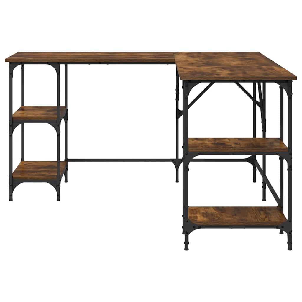 Scrivania in legno di rovere affumicato, 139 x 139 x 75 cm, con ripiano e vano portaoggetti, scrivania angolare a forma di L, per ufficio, casa, ergonomica, con telaio in metallo, gambe