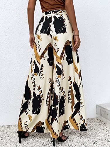 SweatyRocks Women's High Elastic Waist Pockets Pants Graphic Print Wide Leg Loose Palazzo Pants Trousers with Belt2