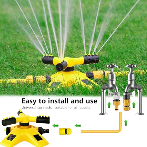 Rasensprenger 360 Grad Sprinkler, Garten Bewässerungssystem mit einem 10 Meter Langen Lederrohr, Automatische Rasen Sprinkler Wasser 3-Arm Rotierende Sprinkler mit Schnellverbinder für Garten Rasen