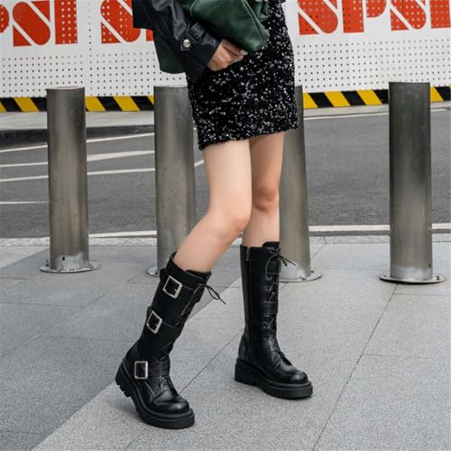 Image of FOREADA Goth Boots Chunky Heel Boot For Women Ankle Combat Booties Black Platform Bootie Buckle Rivets Punk Goth Shoes With Zipper