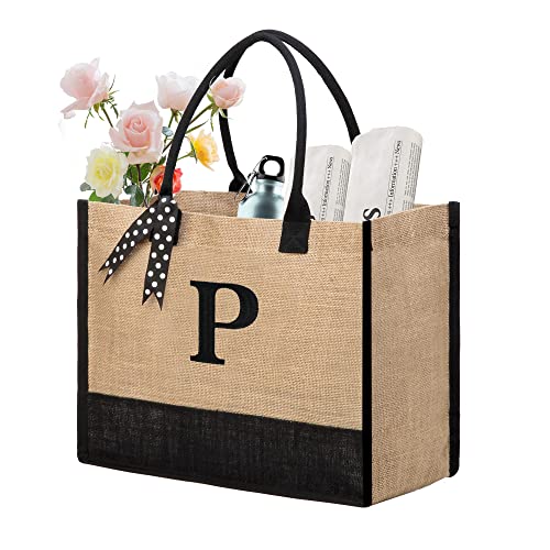 Image of BeeGreen Large Initial Beach Tote Bag Burlap Tote Bag with Handles Embroidery Monogram Gift for Mother Friends Personalized Birthday Gifts for Women Wedding Presents for Bridesmaid P