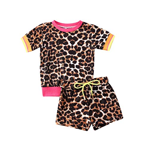 Toddler Baby Girls Summer Outfits Leopard Print Short Sleeve Pocket T-Shirt Tops Floral Pants 2pcs (Leopard Print, 1-2T)