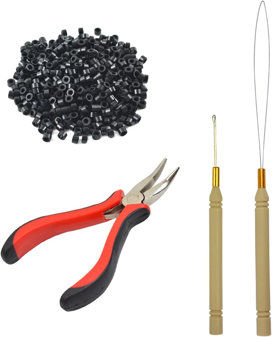 Hair Extensions Pliers Tool Kit I-tip Hair Pliers Pulling Hook Bead Device Tool Kits and 500 pcs 5mm Silicone Lined Micro Rings (Black)