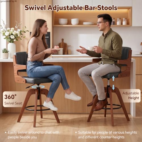 Image of Bar Stools Set of 4, Adjustable Swivel Counter Height Kitchen Island | Set of 4 Mid Century Counter Stools, Swivel Barstools with Back, Faux Leather Upholstered Bar Chair with Arm Back