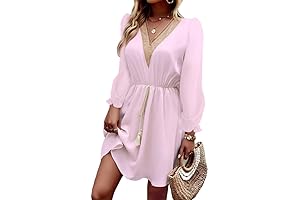 Women's V-Neck Lantern Sleeve Lace Trim Midi Dress Casual Dinner Party Dress