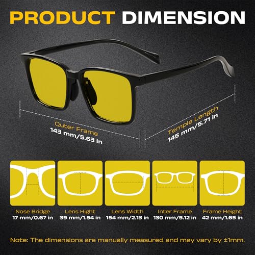 TR90 Square Black Frame Night Driving Glasses with Yellow Polarized Lens - Anti-Glare UV Protection for Drivers, Cycling & Outdoor Activities, Lightweight TR Frame Over Prescription Eyewear2