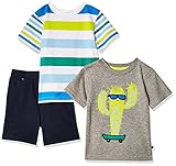 CHEROKEE Boys' Toddler 3 Piece Tee and Short Set, Gray, 2T