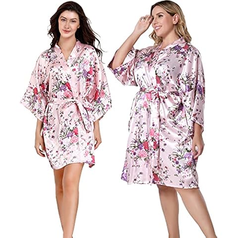 Women's Satin Kimono Flower Short Robe, Bridesmaids and Bride Lightweight Sleepwear With Bridal Wedding Party( Pink, 6 ) Cover
