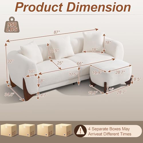 Image of 87 inch Sherpa Boucle Cloud Couch with Ottoman, Modern 3 Seater Sofa with Solid Wood Legs 25 inch Extra Deep Seat Comfy Thick Cushion Upholstered Sofa Couches with 3 Pillows for Living Room, White