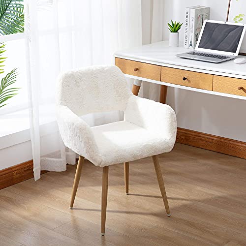 Broadmix Fluffy Dining Chair with Armrest,Faux Fur Mid-Century Side Kitchen Chairs with Solid Painting Steel Leg for Dining Room Bedroom Living Room Leisure White