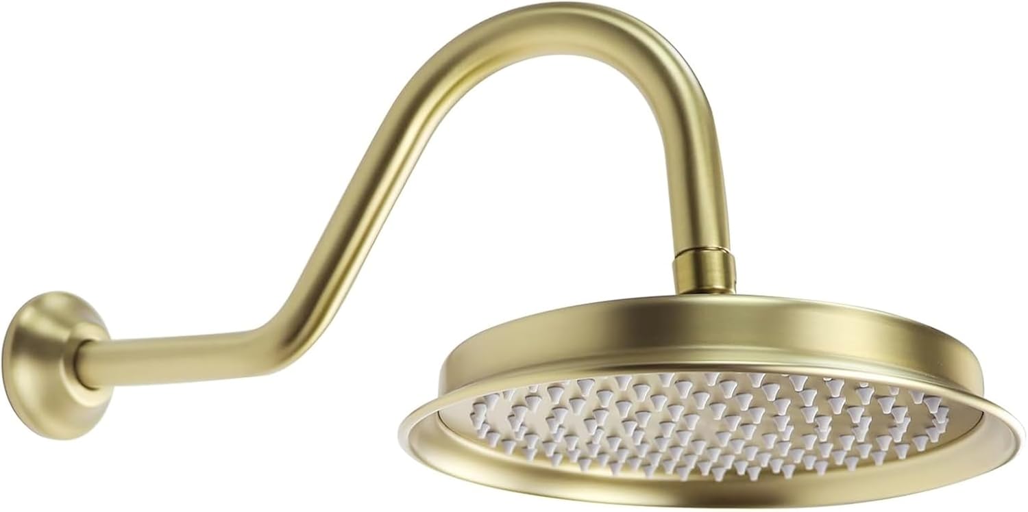 Brushed Gold Rain Shower Head,9" Vintage Shower Heads with Extension Curved Shower Arm, Traditional Round Rainfall Showerhead Replacement for Shower System