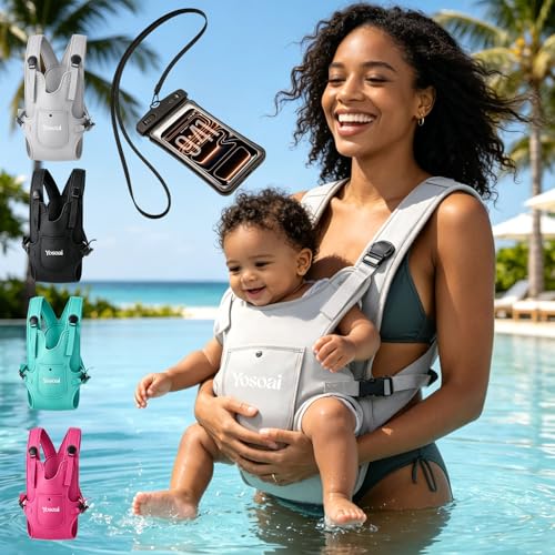 Premium Neoprene Baby Water Carrier 50mm Wide Strap & 60mm Slide Lock Buckle Ergonomic X+H Back Support Quick Dry Land & Water Baby Carrier with Waterproof Pouch for Pool Beach Daily Outdoor