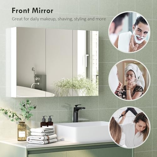 HOMCOM Medicine Cabinet with Mirror, Wall Mounted Bathroom Mirror Cabinet with 3 Doors and 4 Adjustable Shelves, 36" x 26", White - 5
