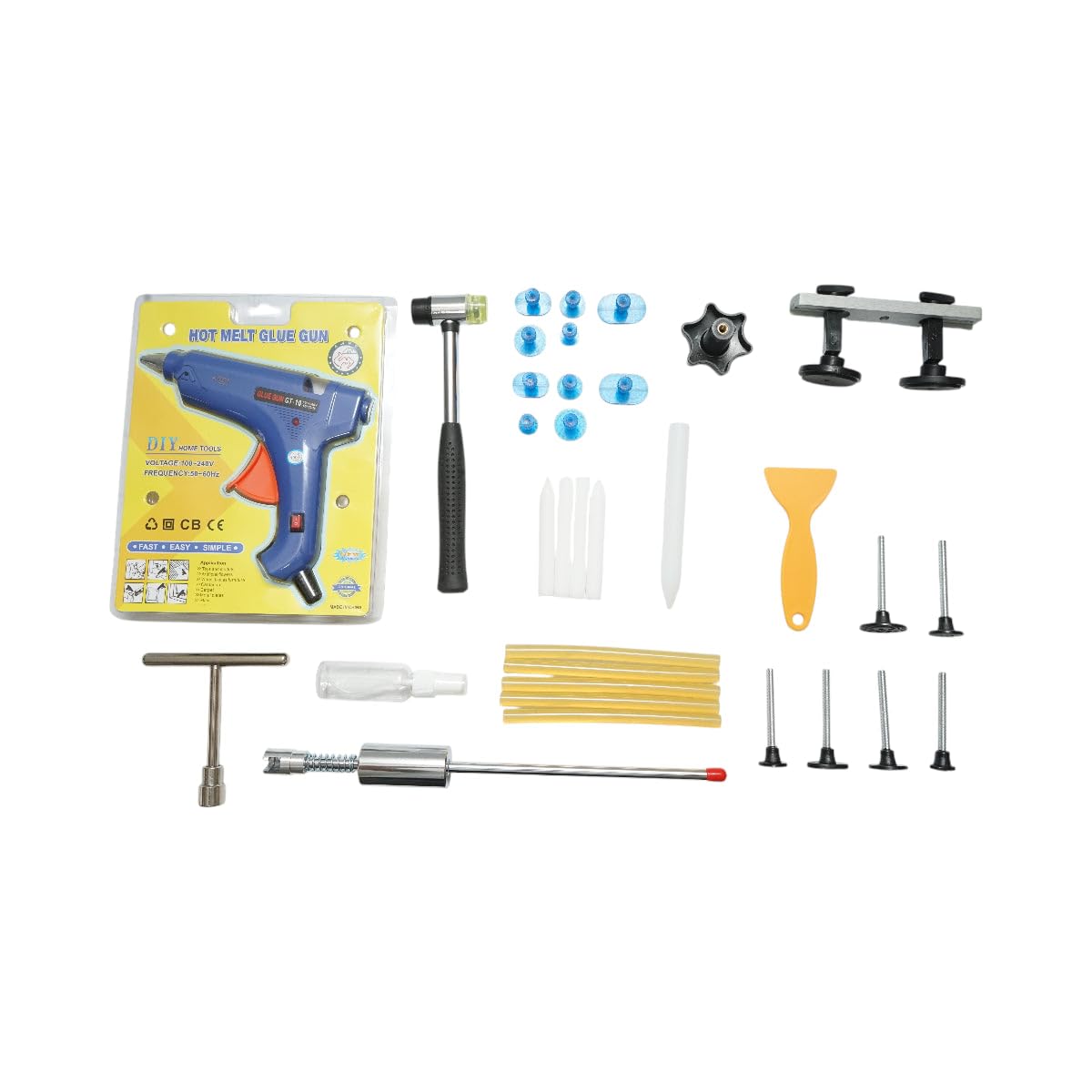Kit di utensili per raddrizzare i pannelli della carrozzeria, 34 pezzi | Kit di utensili per raddrizzare: 1 pistola per colla elettrica per bacchette in silicone