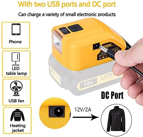 Battery Adapter for Dewalt 14.4V/18V/20V Lithium Ion Battery DC Port & LED Work Light & Dual USB Charger Power Source Power Supply Compatible for Dewalt DCB090 DCB091 (With LED Light)
