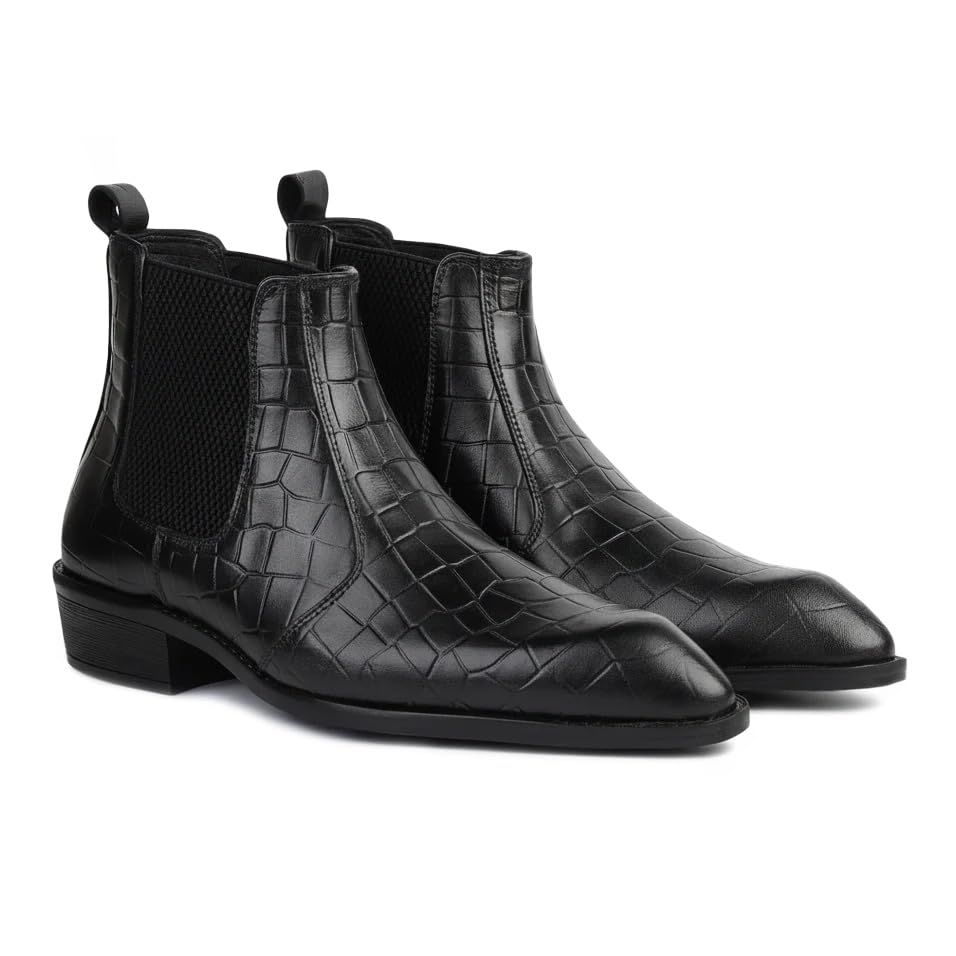 Image of Hayes London Chelsea Boots for Man | Crust Leather Black Ankle Boots | Cuban Heel Pointed Toe Stylish Formal & Casual Boots for Men | Slip-On Elastic Side Panel