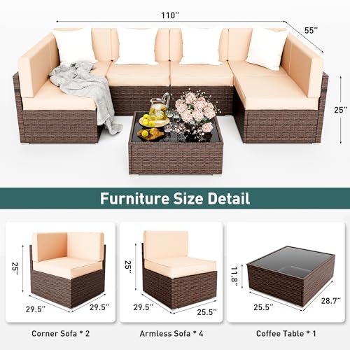 Pamapic Patio Furniture Set, 7 Pieces Modular Outdoor Sectional, Patio Sectional Sofa Conversation Set, Rattan Sofa with Coffee Table and Washable Cushions Covers, Brown Rattan and Beige Cushions - Thumbnail 7