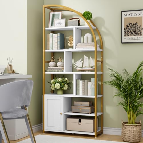 Image of Jehiatek 71 inch Arc Gold Bookshelf with Storage Cabinet, Tall 6 Tiers Industrial Bookcase with Sturdy Metal Frame, Geometric Book Shelf for Lving Room, Home Office, Gold and White