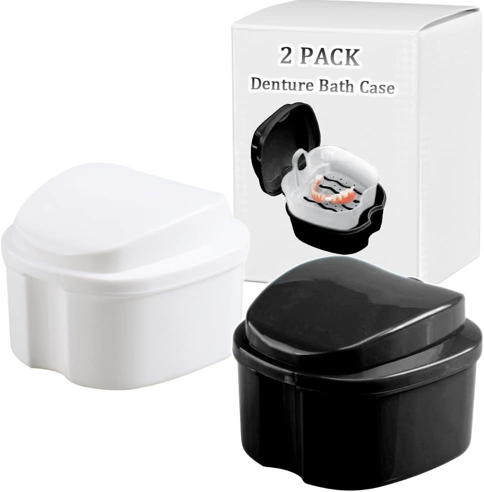 THINKPRICE Denture Bath Box Cup Container Case, Complete Clean Care for Dentures, Clear Braces, False Teeth, Mouth Guard, Night Guard & Retainers,Traveling (Black & White)