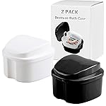 Denture Bath Box Cup Container Case, Complete Clean Care for Dentures, Clear Braces, False Teeth, Mouth Guard, Night Guard & Retainers,Traveling (Black & White)