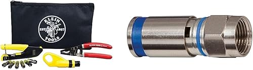 Klein Tools Kit de instalación coaxial con engarzador, cortador, pelador, conectores y conectores de compresión F resistentes a la intemperie