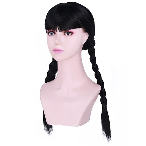 Miniatura 3 de Peluca negra para niñas y niños, peluca larga y recta trenzada negra con flequillo peluca sintética para cosplay infantil con gorra de peluca