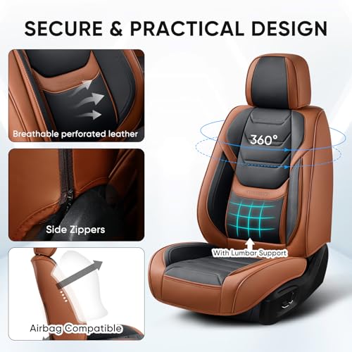 Image of TIEHESYT Leather Car Seat Covers Full Set with Lumbar Support, Waterproof Car Seat Cover, Universal Seat Covers for Cars, Trucks, SUVs, Sedans, Pickups, Airbag Compatible, Front Pair, Brown&Black