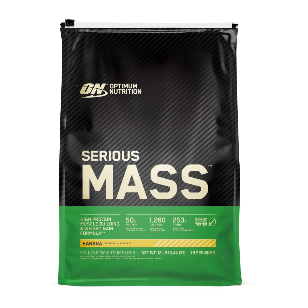 Optimum Nutrition Serious Mass, Weight Gainer Protein Powder, Mass Gainer, Vitamin C and Zinc for Immune Support, Creatine, Banana, 12 Pound (Packaging May Vary)