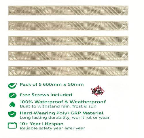 5 x 600 mm rutschfeste Terrassendielenstreifen, strapazierfähiges Polypropylen mit Befestigungen, Sicherheit im Freien für Terrassendielen, Stufen und Rampen, 10+ Jahre Lebensdauer, wetterfest