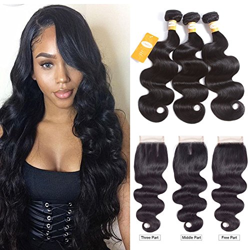 Ossilee Hair Body Wave Bundles with Closure 4x4 Lace Closure with Bundles Malaysian Virgin Hair 3 Bundles with Lace Closure (22 24 26+20 Closure, Middle Part)