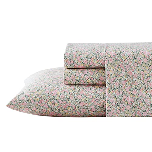 Image of Laura Ashley - Queen Size Sheet Set, Crisp & Lightweight Cotton Percale Bedding with Fitted Sheet and Pillowcases, Floral Room Decor, Deep Pocket, College Dorm Room Essentials (Loveston Pink)