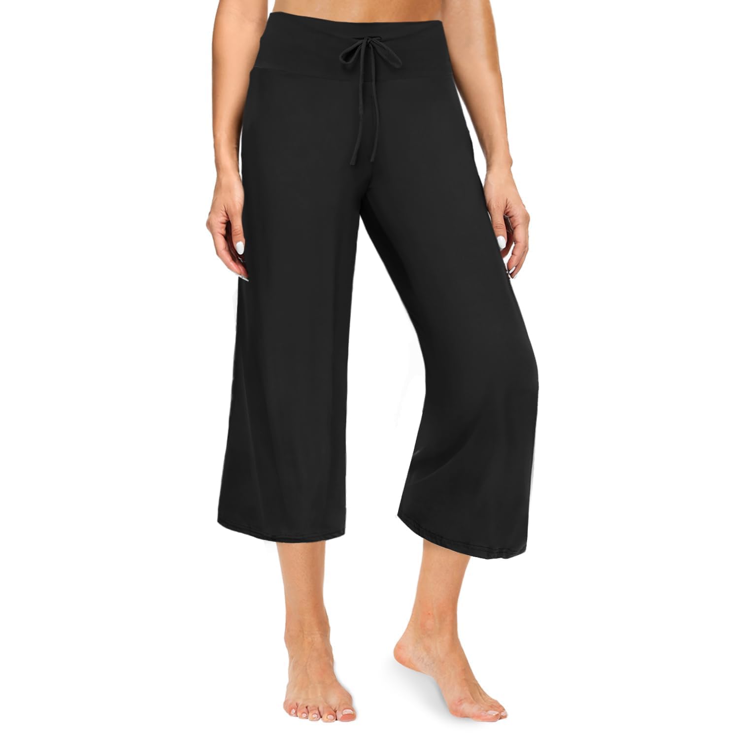 ZOOSIXX Soft Black Pajama Pants for Women, Wide Leg Comfy Casual Lounge Yoga Capri Pants 22'' / 30''