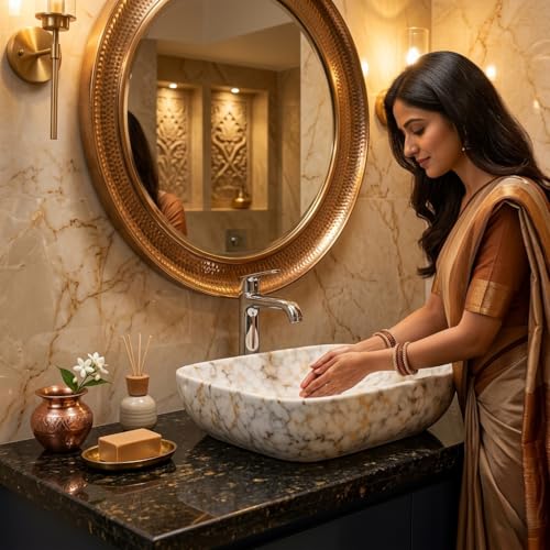 Image of Ceramic Tabletop Wash Basin - Glossy Rectangular Countertop Vessel Sink with Marble Finish for Bathroom & Vanity | Compact 18 x 13 x 5 Inch | Elegant Washbasin