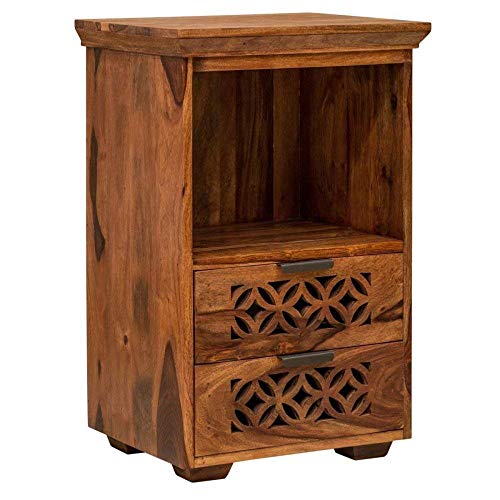 Image of Sheesham Wood Multipurpose Nightstand Small Side Table for Small Spaces End Table Bedside Tables with 2 Drawer & Shelf Storage for Living Room Bedroom (Design 4)